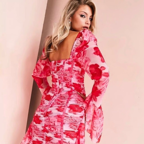 ASOS LUXE chiffon ruched corset long sleeve mini dress in pink floral - Picture 14 of 14